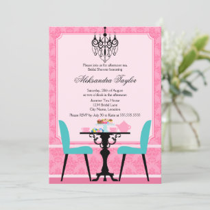 Elegant Damask and Chandelier Pink Aqua Tea Party Invitation