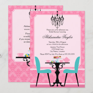 Elegant Damask and Chandelier Pink Aqua Tea Party Invitation