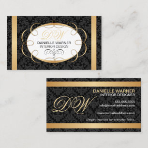 Elegant Damask and Gold Initials Business Card