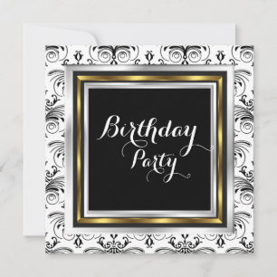 Elegant Damask Birthday Party Gold Black White Invitation