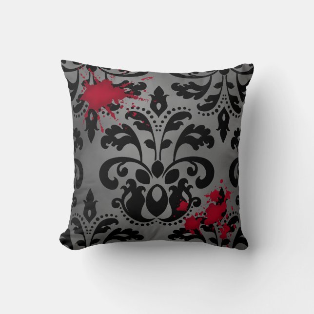Elegant damask black and grey with blood Halloween Cushion (Front)