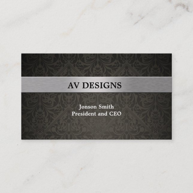 Elegant Damask Black and Silver Business Card (Front)