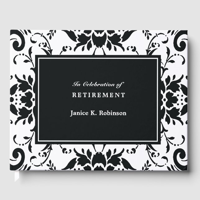 Elegant Damask Black and White Retirement Guest Book (Front)