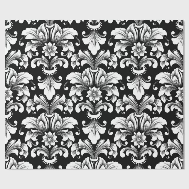 Elegant Damask black and white wrapping paper roll (Flat)