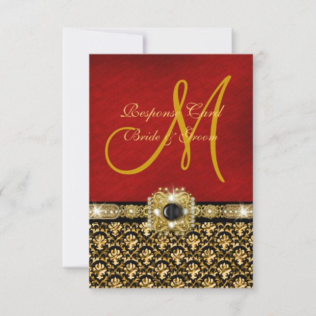 Elegant damask black red gold RSVP card (Front)