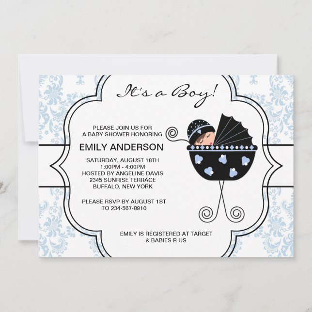 Elegant Damask Blue Black Baby Boy Shower Invitation (Front)