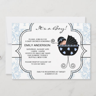 Elegant Damask Blue Black Baby Boy Shower Invitation