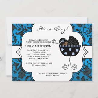 Elegant Damask Blue Black Baby Boy Shower Invitation