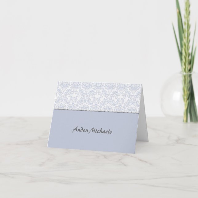Elegant Damask Blue Photo Thank You Notecard (Front)