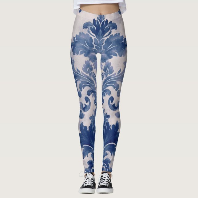 Elegant damask Blue toile de jouy Leggings (Front)