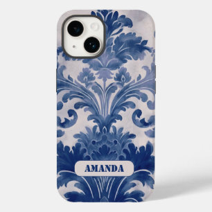 Elegant damask Blue toile de jouy monogram Case-Mate iPhone 14 Case