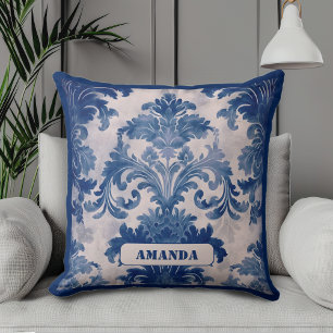 Elegant damask Blue toile de jouy monogram Cushion
