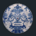Elegant damask Blue toile de jouy monogram Dartboard<br><div class="desc">Elegant vintage Blue toile de jouy monogram Dartboards. Beautiful seamless toile de jouy pattern Blue on white background.Toile prints are an all time rage at the moment, this is an elegant and ornate vintage toile de jouy featuring exotic damask pattern, a fun style that is currently trending for home decor,...</div>