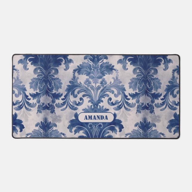 Elegant damask Blue toile de jouy monogram Desk Mat (Front)