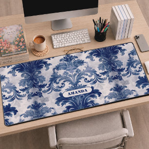 Elegant damask Blue toile de jouy monogram Desk Mat