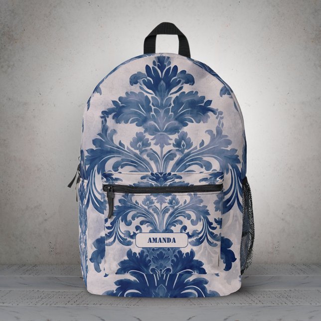 Elegant damask Blue toile de jouy monogram Dopp Ki Printed Backpack (Creator Uploaded)