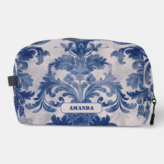 Elegant damask Blue toile de jouy monogram Dopp Kit (Front)
