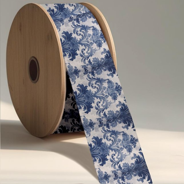 Elegant damask Blue toile de jouy monogram Grosgrain Ribbon (Creator Uploaded)