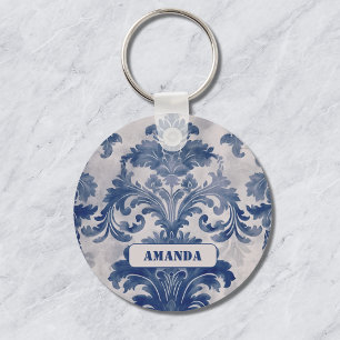 Elegant damask Blue toile de jouy monogram Key Ring