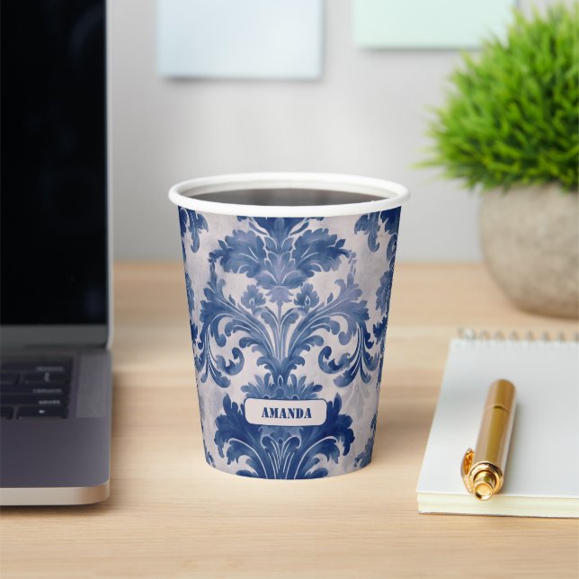 Elegant damask Blue toile de jouy monogram Paper Cups (Insitu)