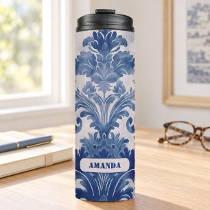 Elegant damask Blue toile de jouy monogram Thermal Tumbler