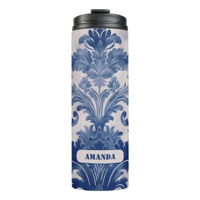 Elegant damask Blue toile de jouy monogram Thermal Tumbler (Front)
