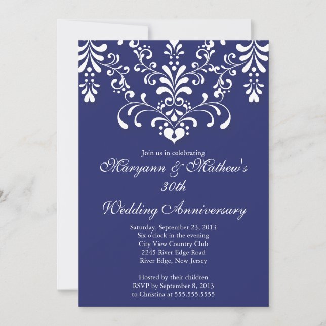 Elegant Damask Blue Wedding Anniversary Invitation (Front)