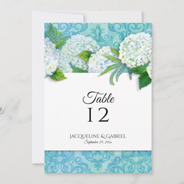 Elegant Damask Blue White Hydrangea Table Number (Front)