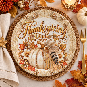 Elegant Damask Boho Pumpkin Thanksgiving Dinner Paper Plate