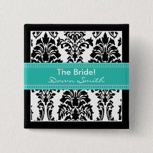 Elegant Damask Bridal Party Button (aquamarine)
