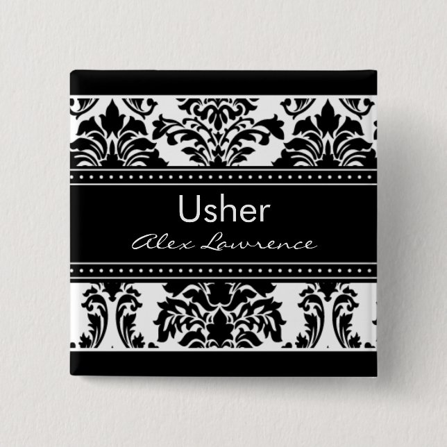 Elegant Damask Bridal Party Button - Usher (Front)