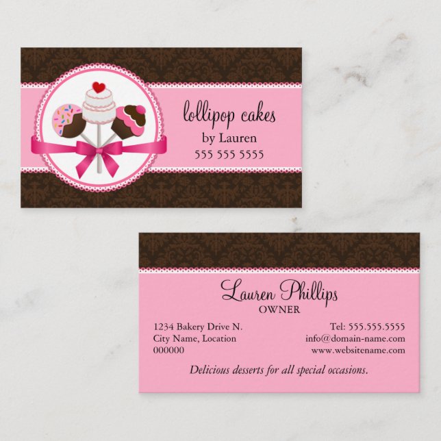 Elegant Damask Cake Pops Bakery Business Card (Front/Back)