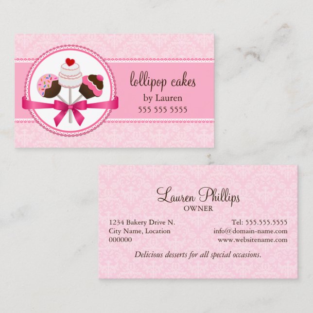 Elegant Damask Cake Pops Bakery Business Card (Front/Back)