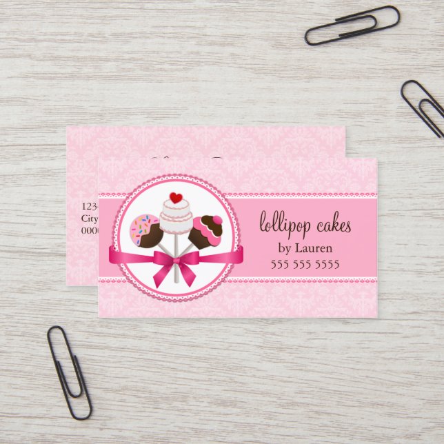 Elegant Damask Cake Pops Bakery Business Card (Front/Back In Situ)