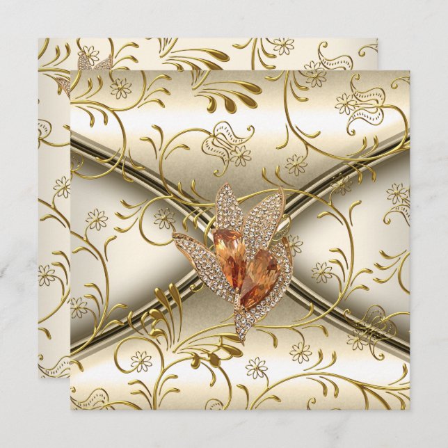 Elegant Damask Caramel Cream Beige Gold Invitation (Front/Back)