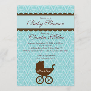 Elegant Damask Carriage Boy Baby Shower Invitation