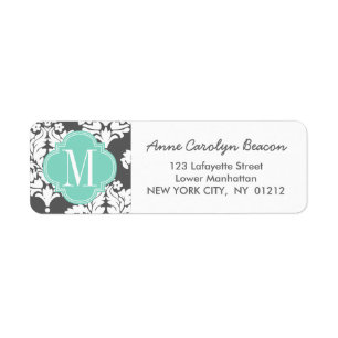 Elegant Damask Charcoal & Aqua Custom Monogrammed