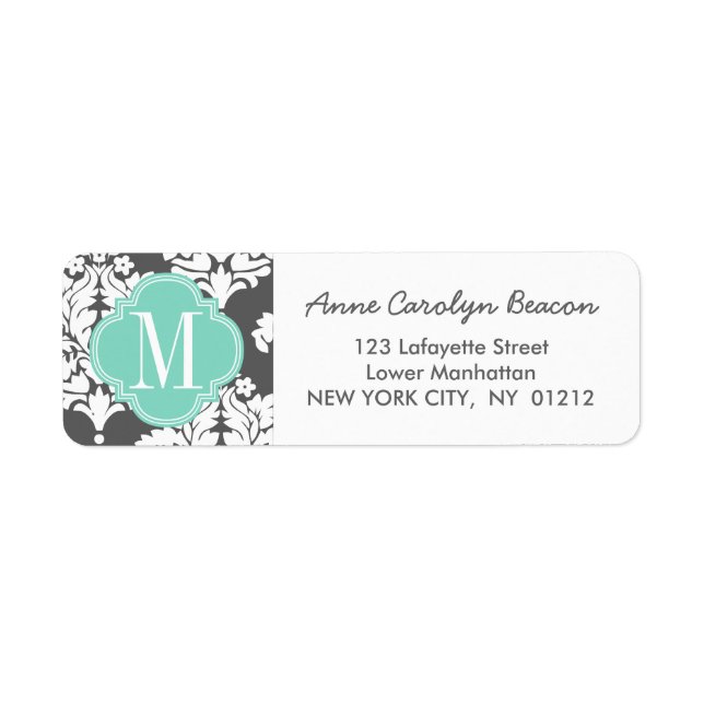 Elegant Damask Charcoal & Aqua Custom Monogrammed (Front)