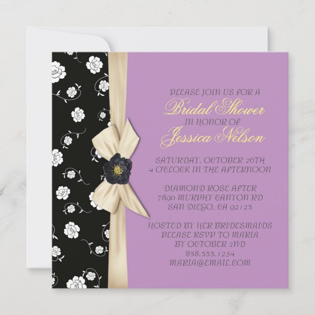 Elegant Damask Creamy Ribbon Purple Bridal Shower Invitation (Front)