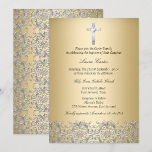 Elegant Damask Cross Gold Baptism/Christening Invitation