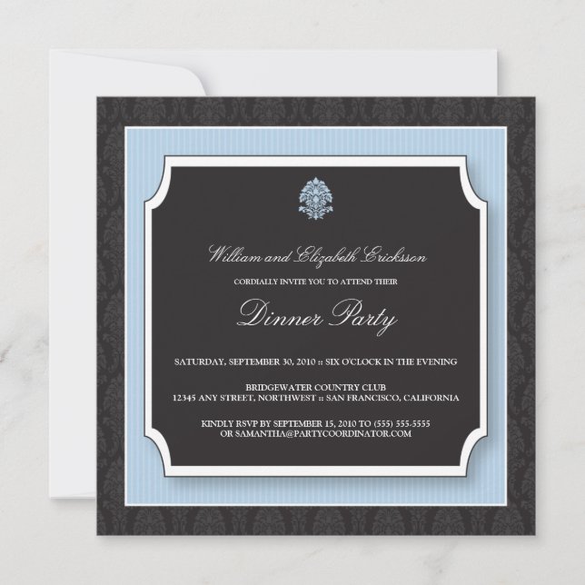 Elegant Damask Dinner Party Invitation (blue) (Front)
