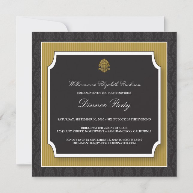 Elegant Damask Dinner Party Invitation (gold) (Front)