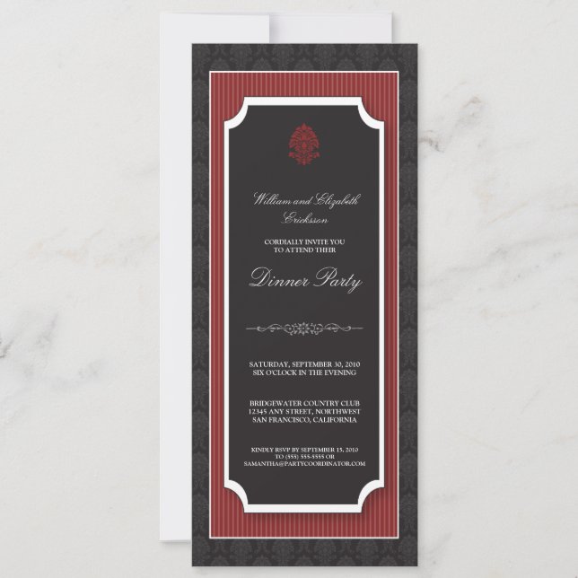 Elegant Damask Dinner Party Invitation (maroon) (Front)