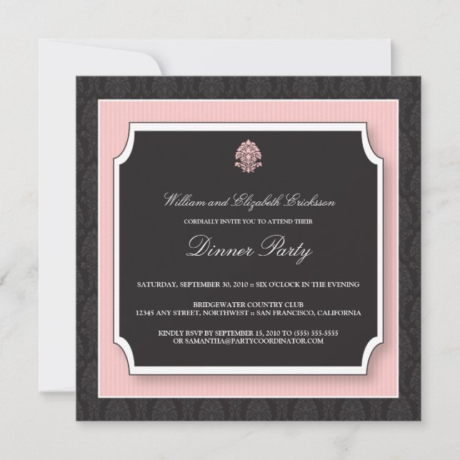 Elegant Damask Dinner Party Invitation (pink) (Front)