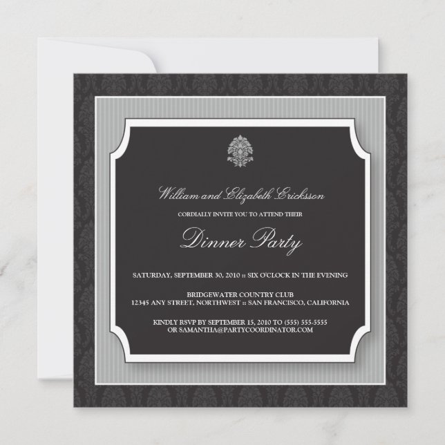 Elegant Damask Dinner Party Invitation (silver) (Front)