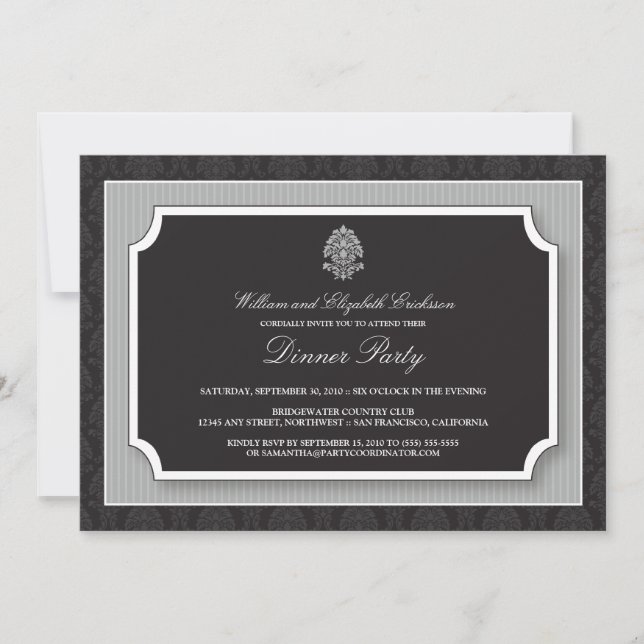 Elegant Damask Dinner Party Invitation (silver) (Front)