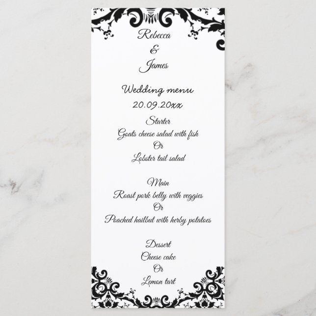 Elegant Damask Floral Black & White Wedding Menu (Front)