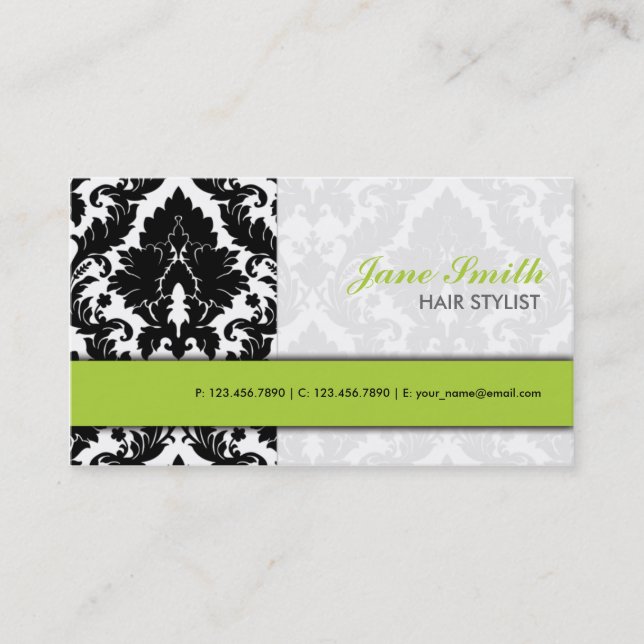 Elegant Damask Floral Pattern Modern Stylish Green Business Card (Front)