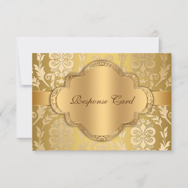 Elegant Damask Floral Swirl Gold Anniversary RSVP Card (Front)