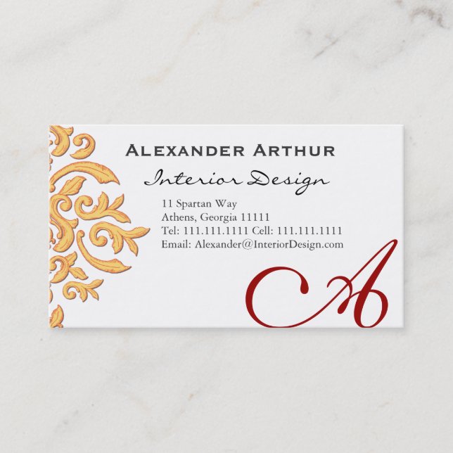 Elegant Damask for Interior Decorator, Restaurant Business Card (Front)